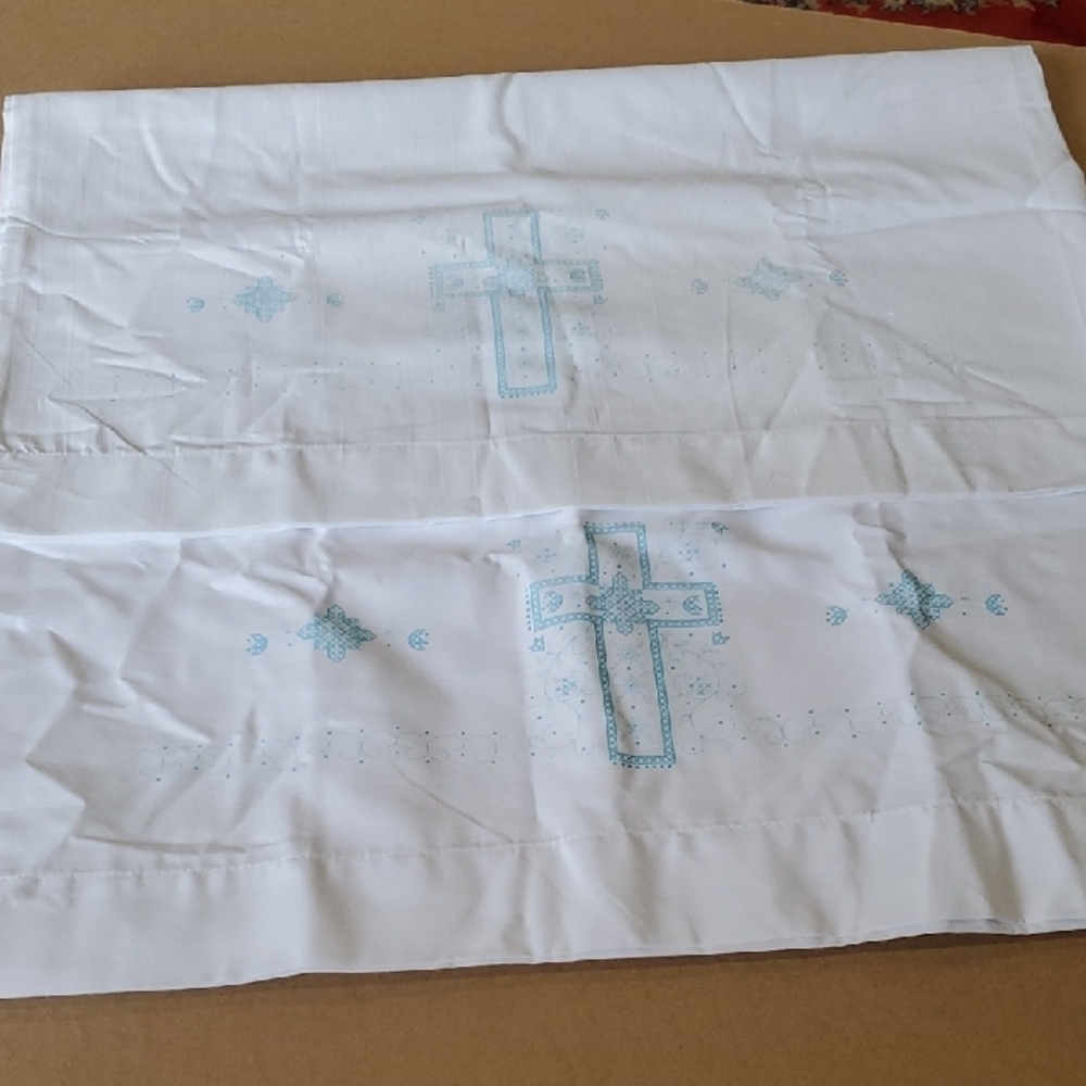White and Blue Blanks Embroidered Cross Pillowcases Pair